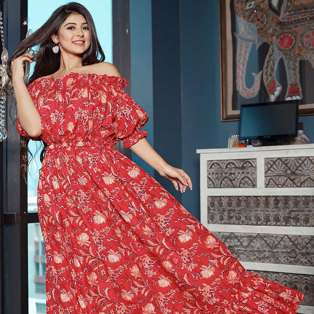 Red Off Shoulder Floral Print Dress