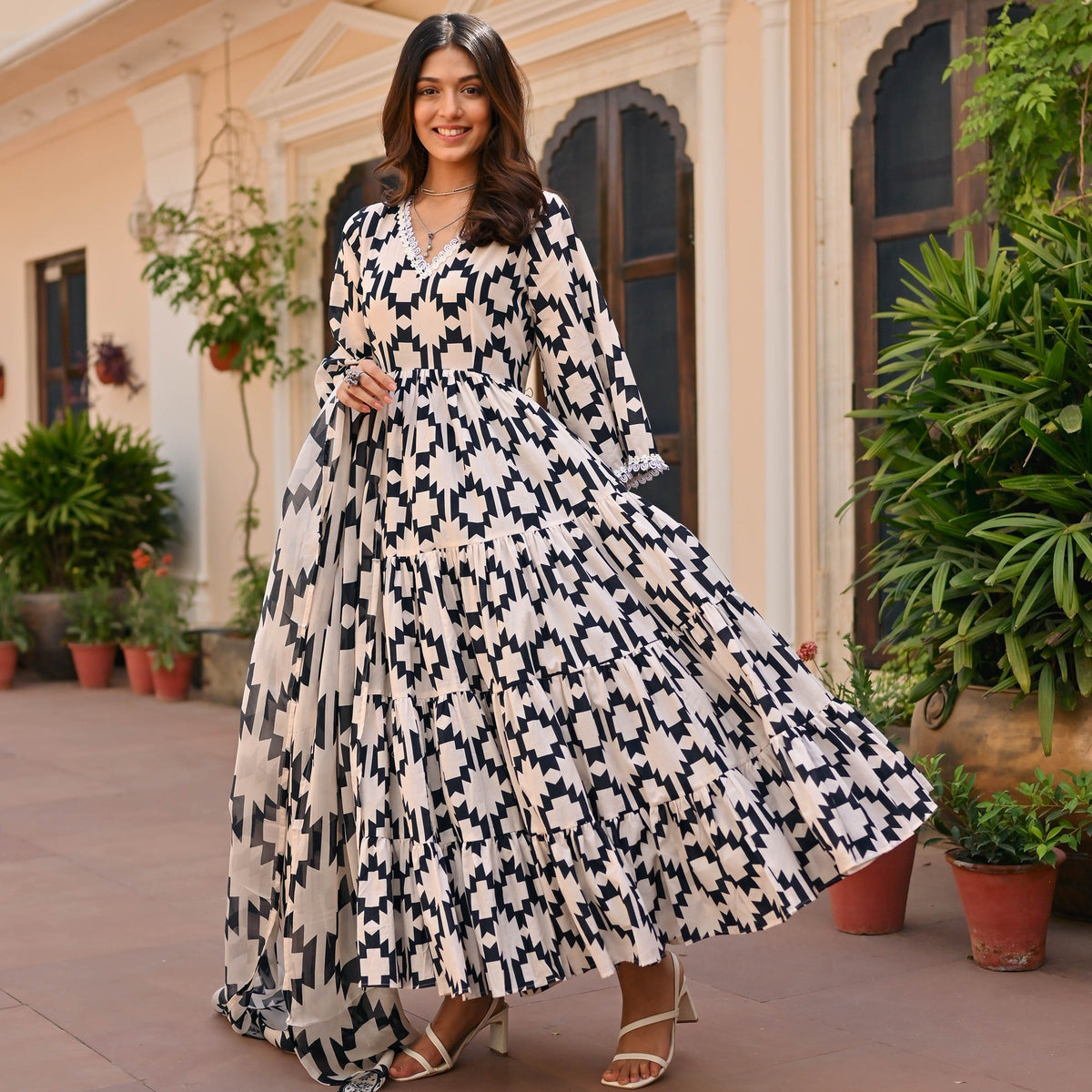 Black Geometric Printed Anarkali Set