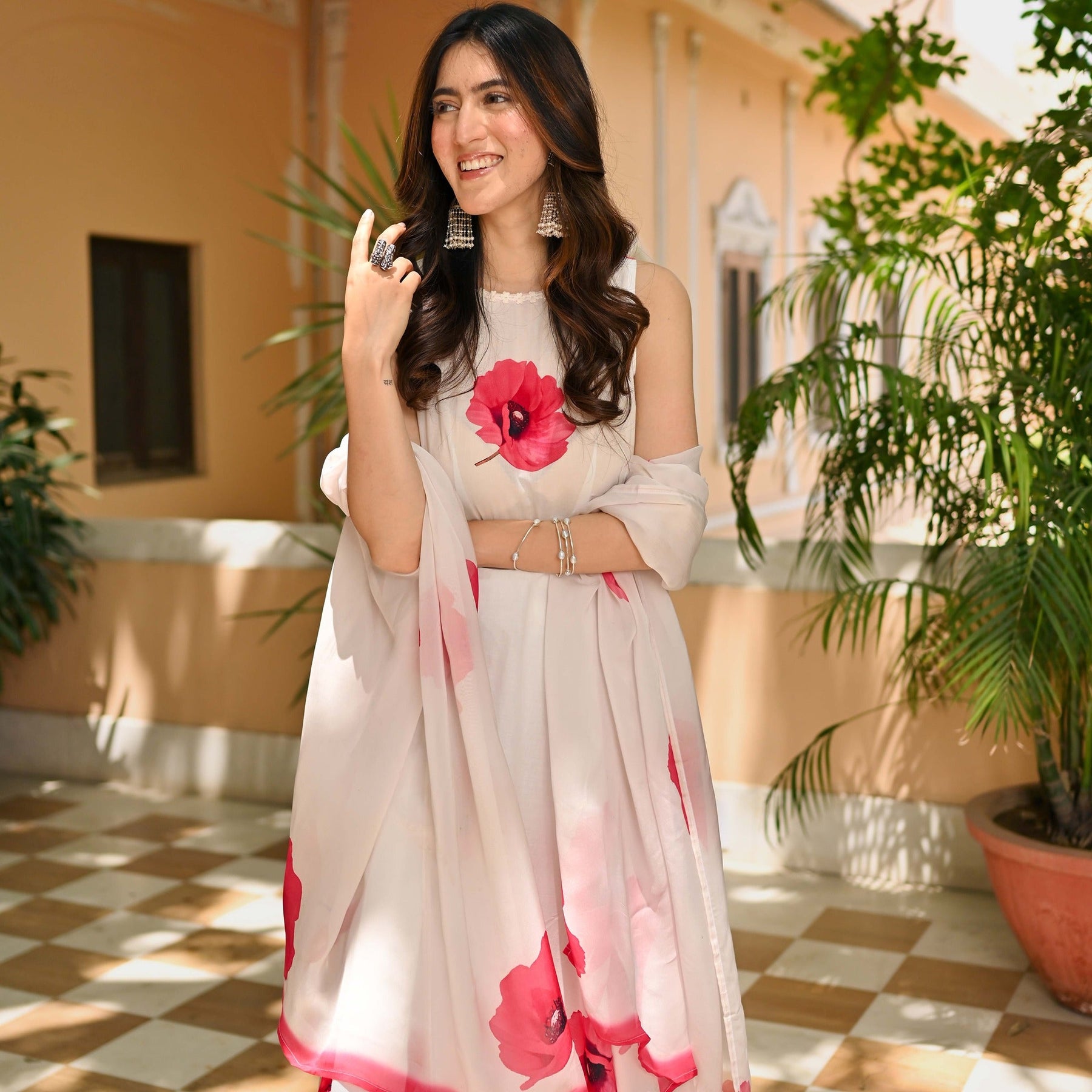 White Pink Floral Print Anarkali Set