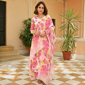 Pink Floral Printed Anarkali Set