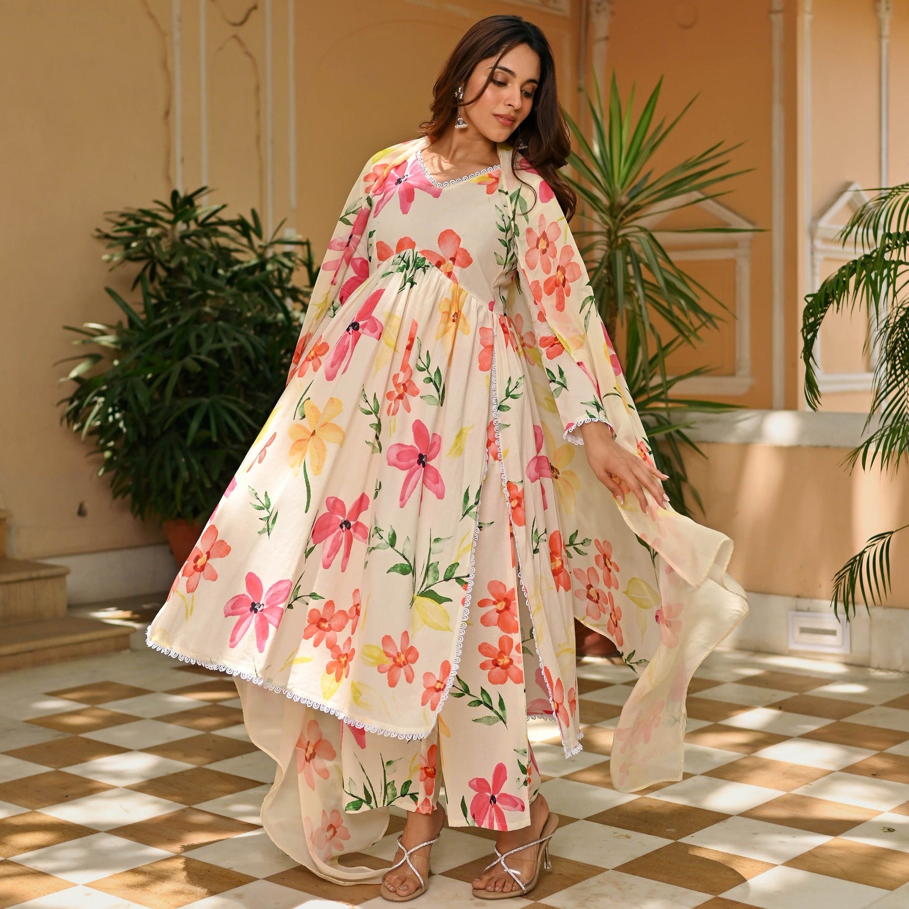 Off White Floral Printed Cotton Suit Set