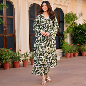 green cotton printed kurta set