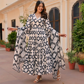 Black Geometric Printed Anarkali Set