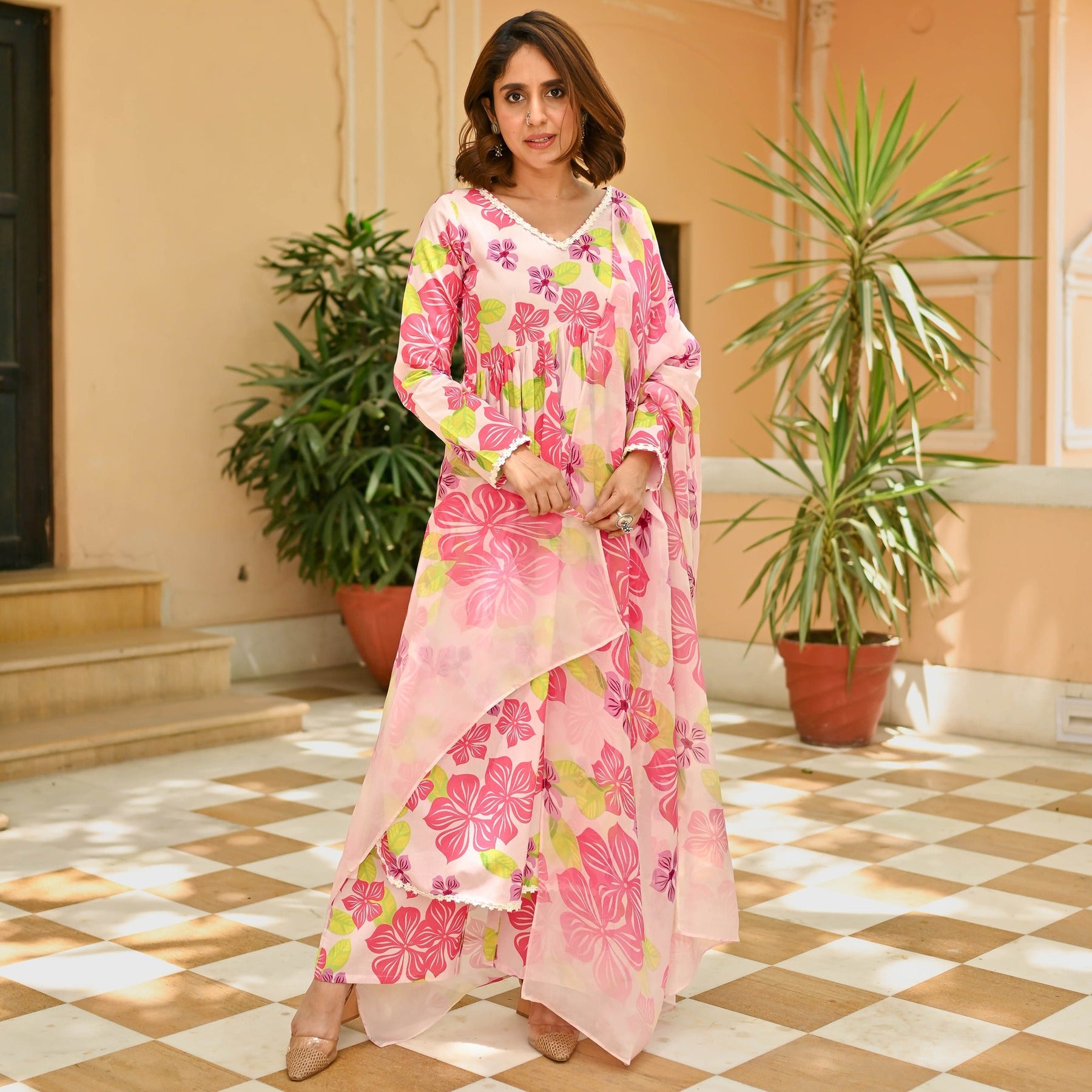 Pink Floral Printed Anarkali Set