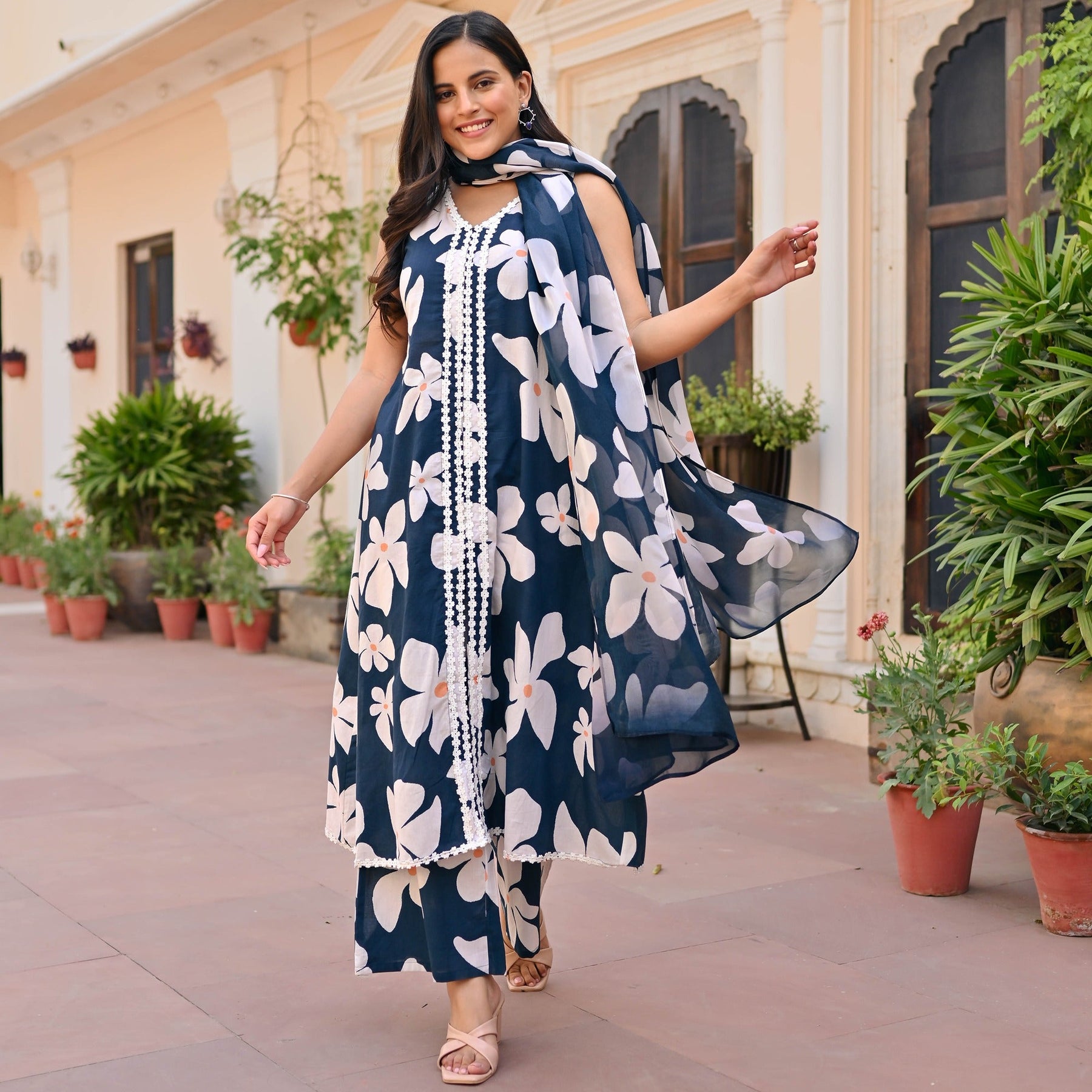 Navy Blue Printed Anarkali Set