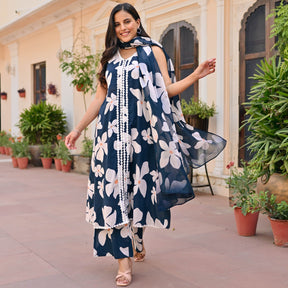 Navy Blue Printed Anarkali Set