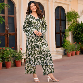 green cotton printed kurta set