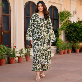 green cotton printed kurta set