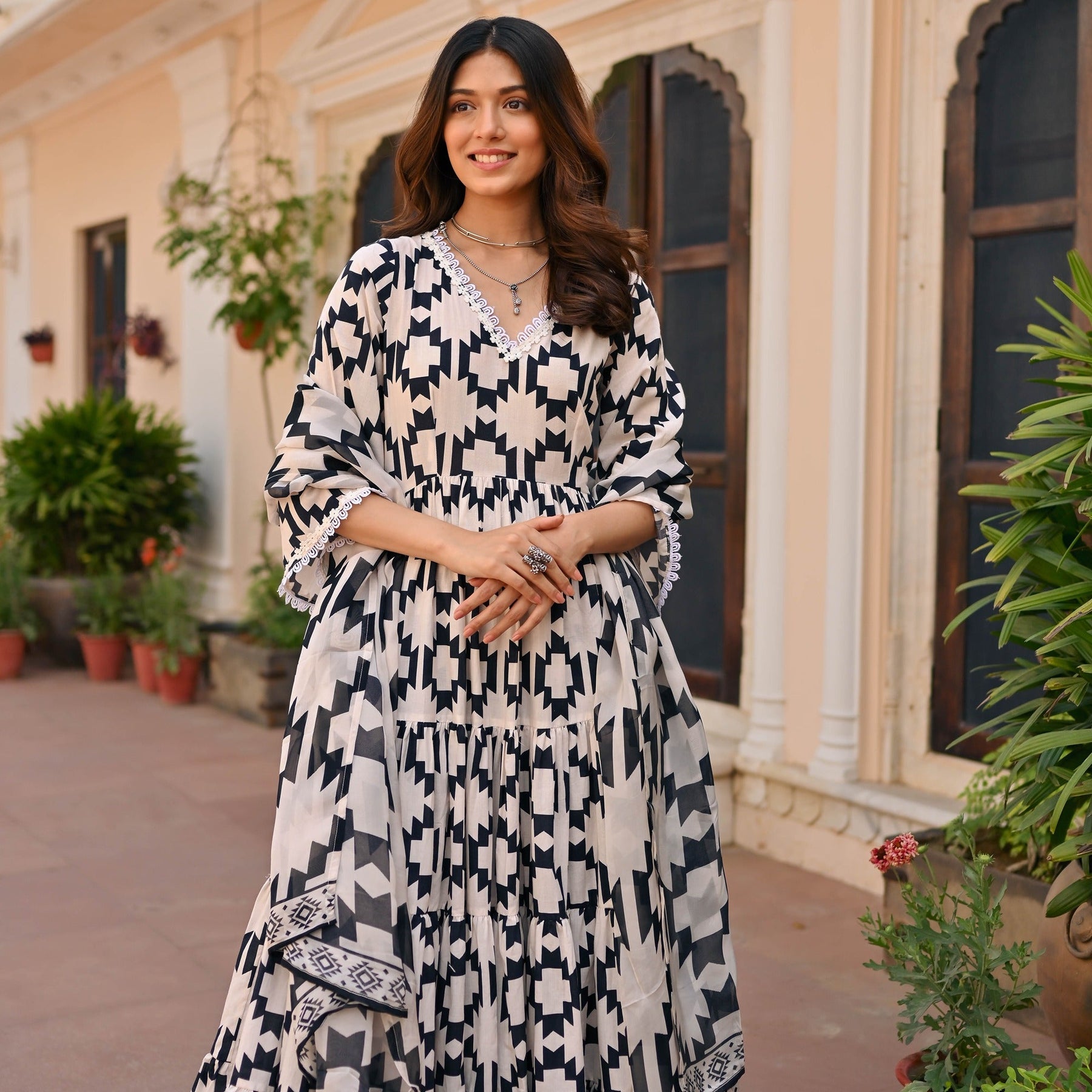 Black Geometric Printed Anarkali Set