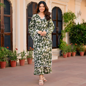 green cotton printed kurta set