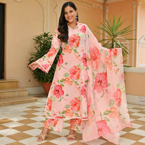 Peach Printed Cotton Suit Set