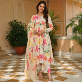 Off White Floral Printed Cotton Suit Set