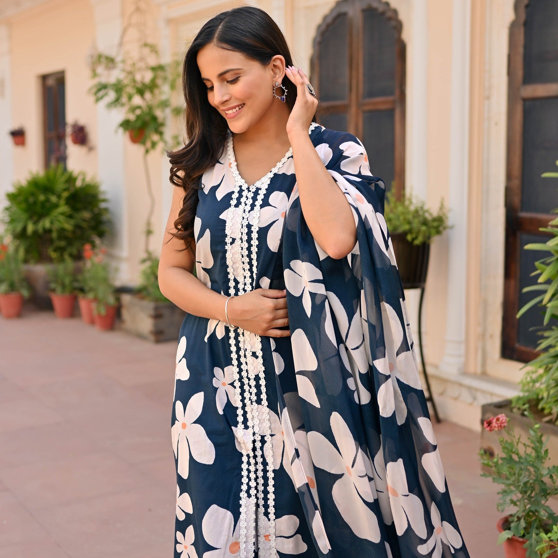 Navy Blue Printed Anarkali Set