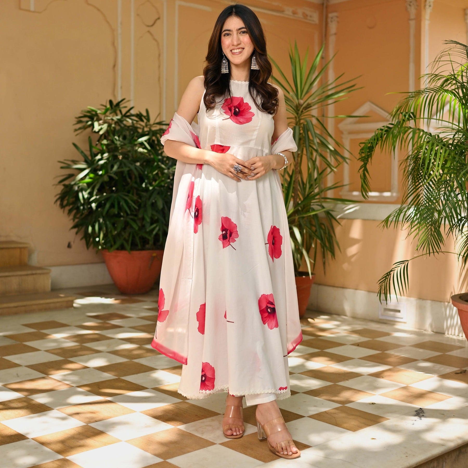 White Pink Floral Print Anarkali Set