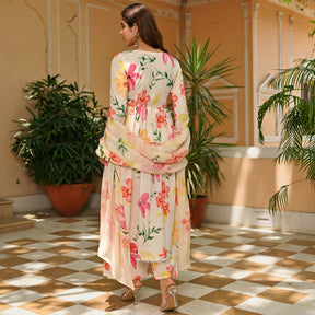 Off White Floral Printed Cotton Suit Set