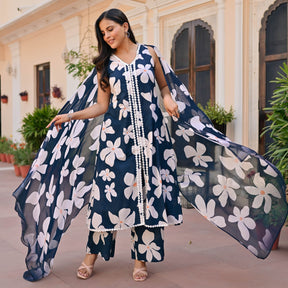 Navy Blue Printed Anarkali Set