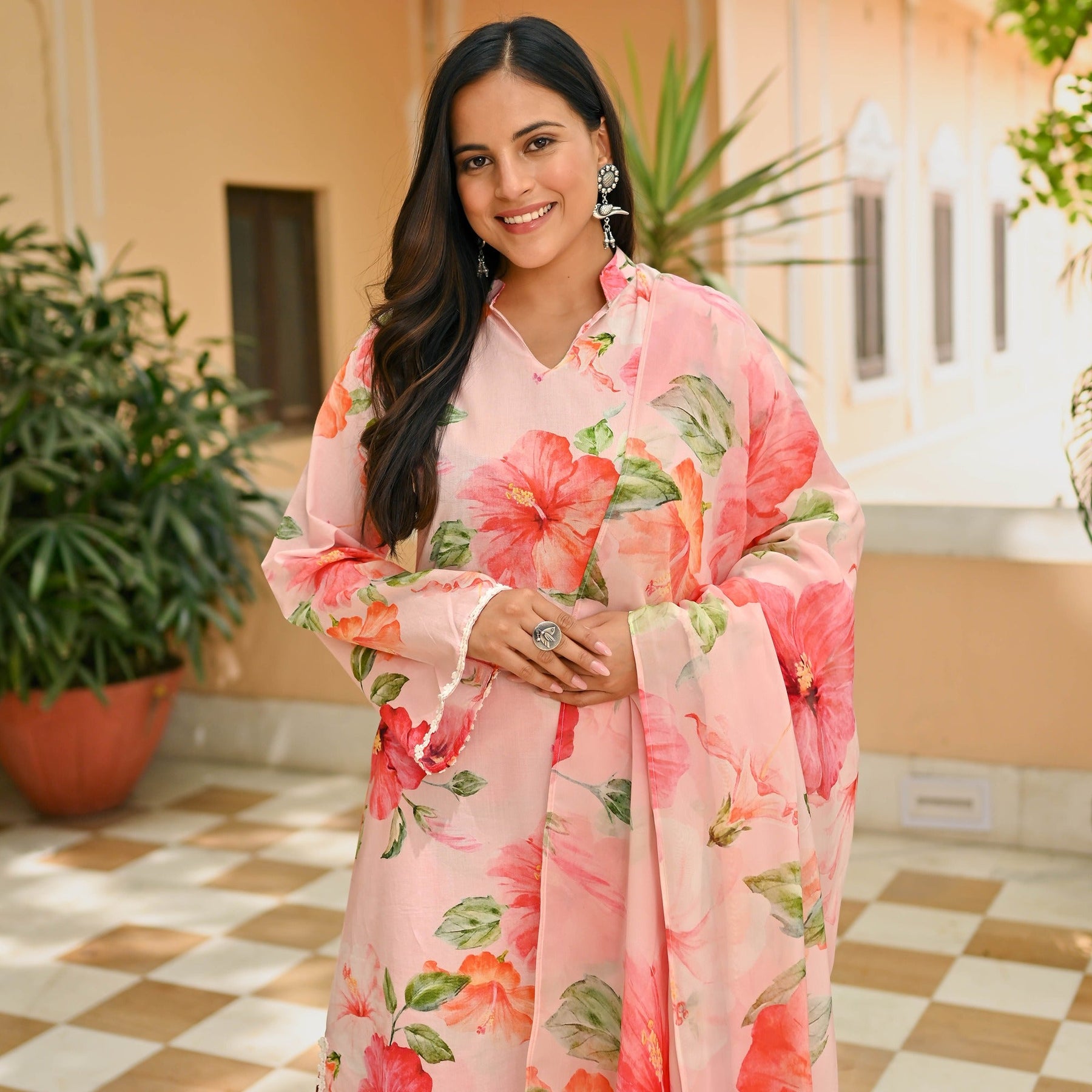 Peach Printed Cotton Suit Set