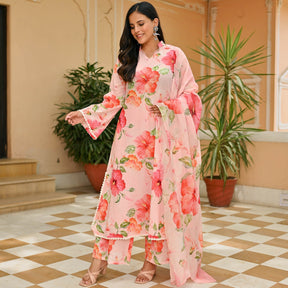 Peach Printed Cotton Suit Set