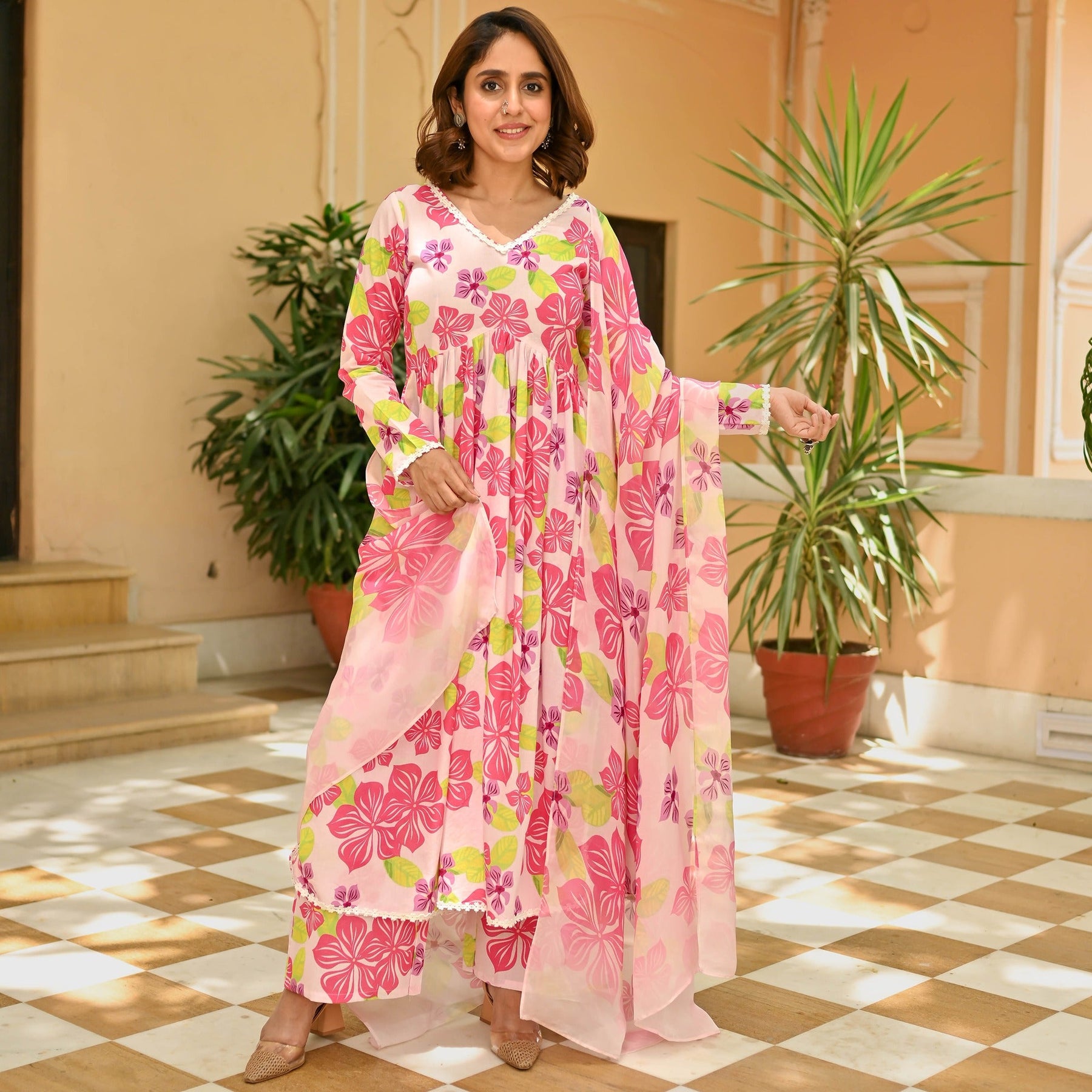 Pink Floral Printed Anarkali Set