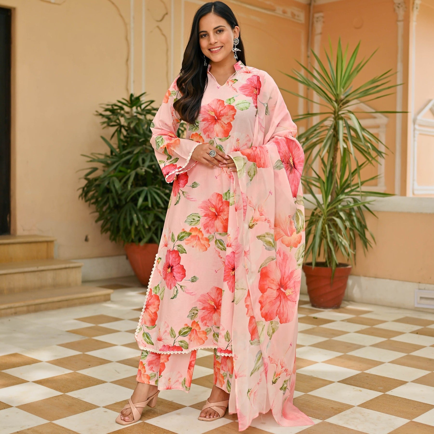 Peach Printed Cotton Suit Set