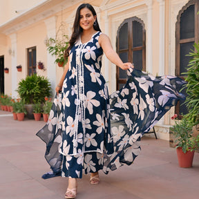 Navy Blue Printed Anarkali Set