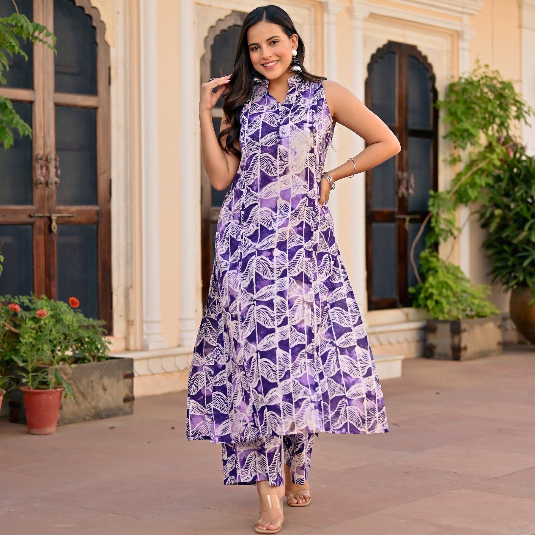 purple cotton printed kurta set