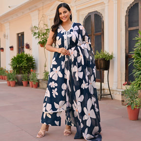 Navy Blue Printed Anarkali Set