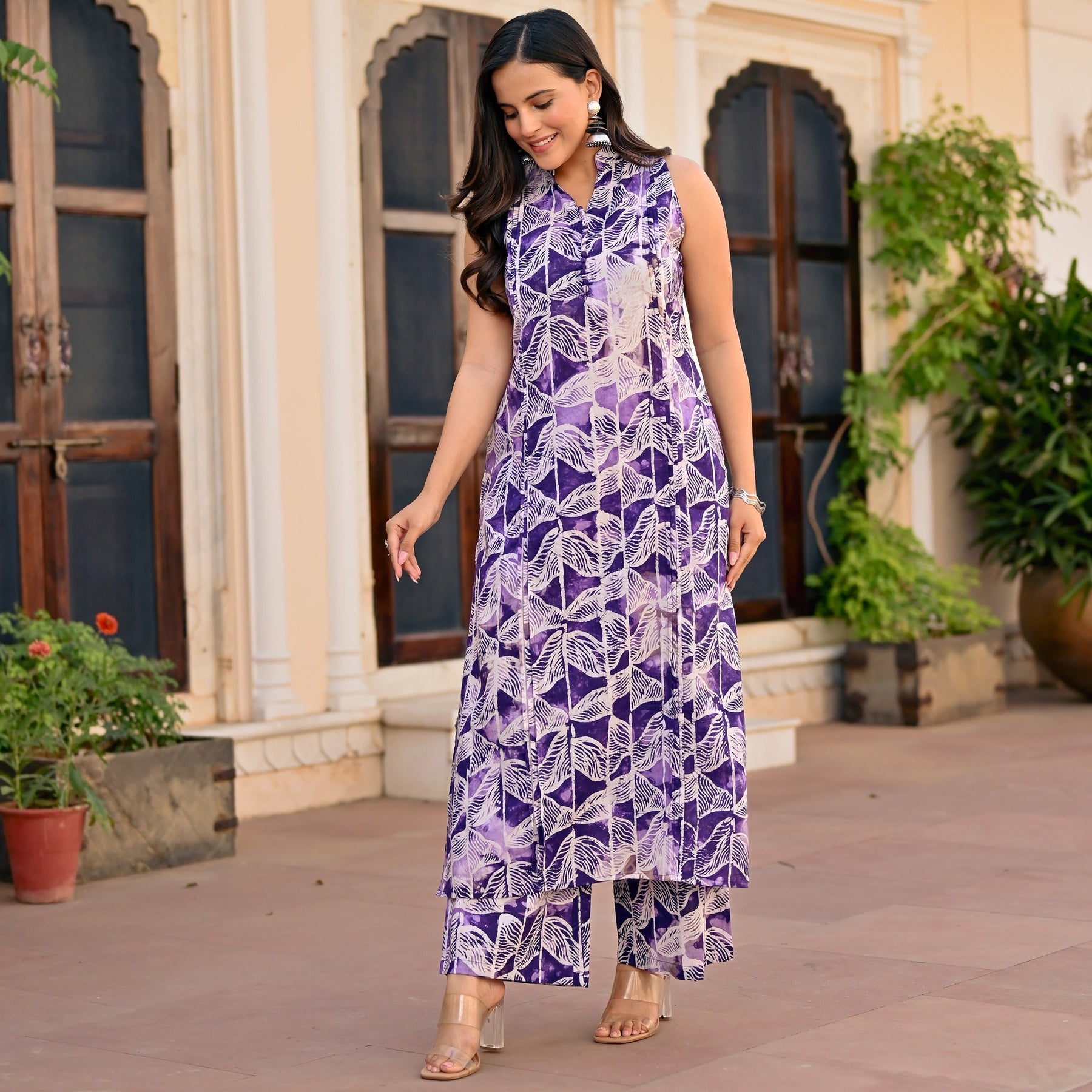 purple cotton printed kurta set