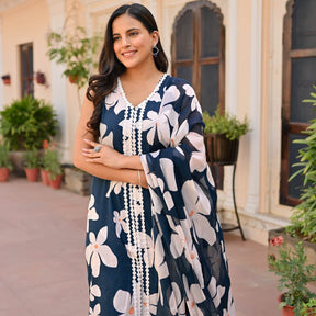 Navy Blue Printed Anarkali Set