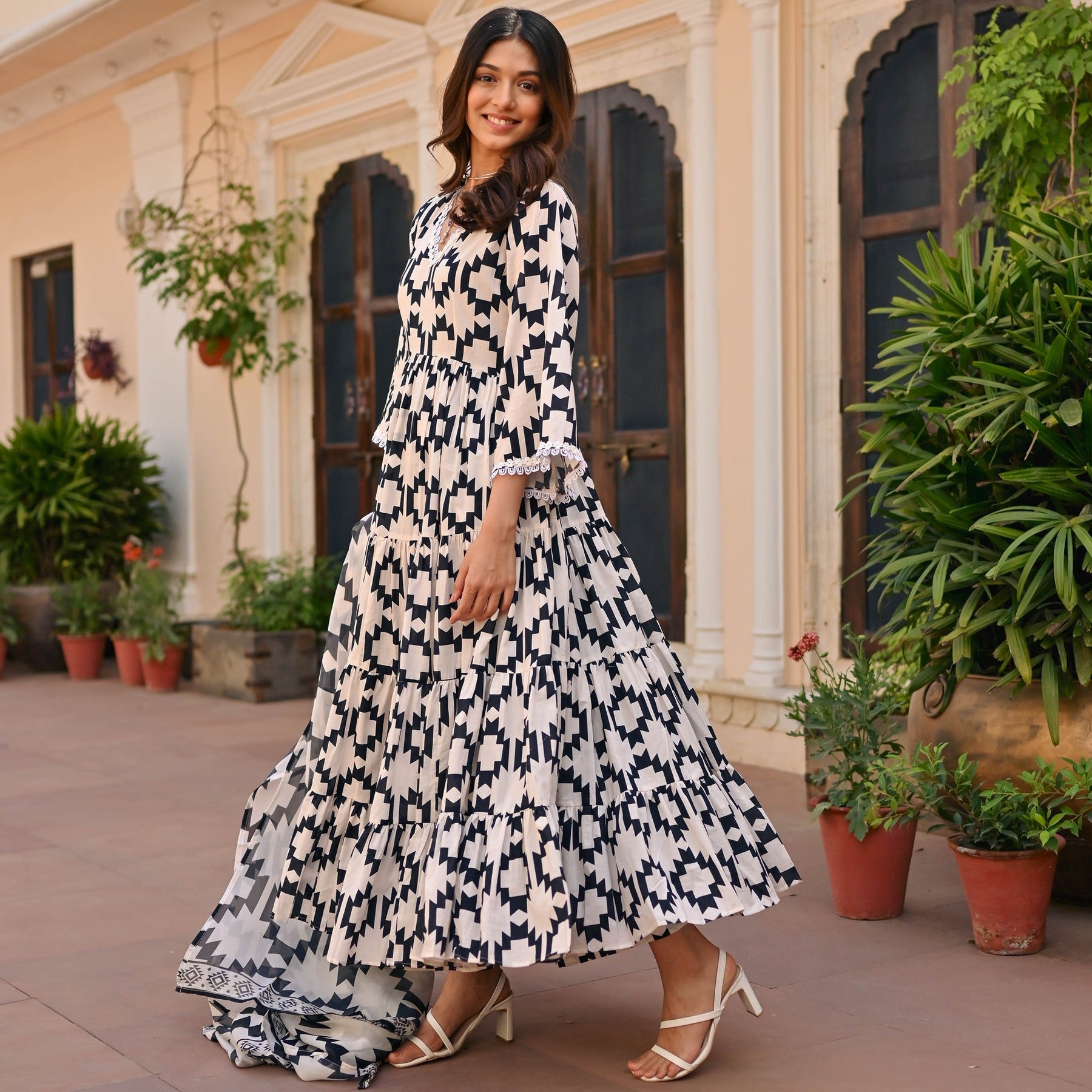 Black Geometric Printed Anarkali Set