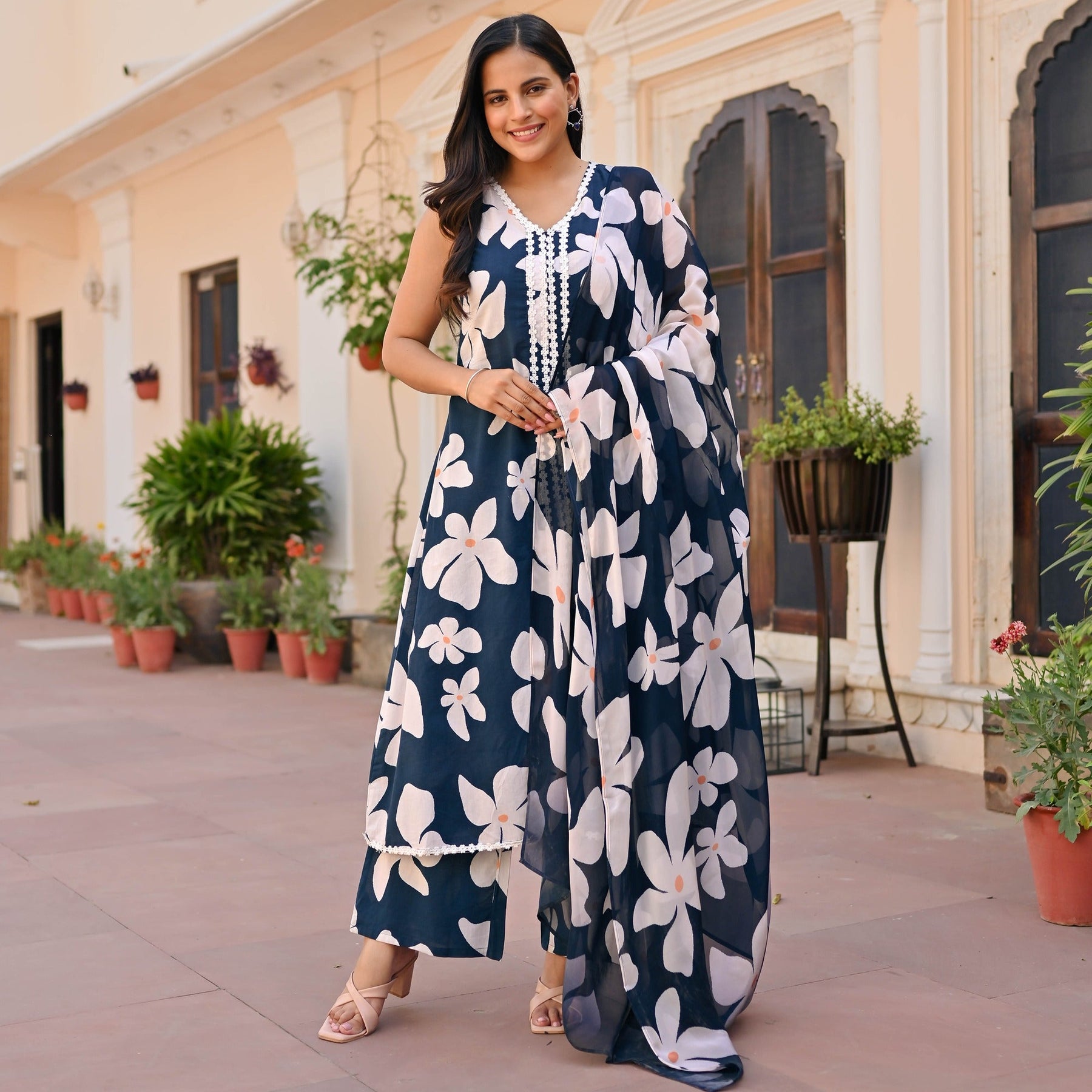 Navy Blue Printed Anarkali Set