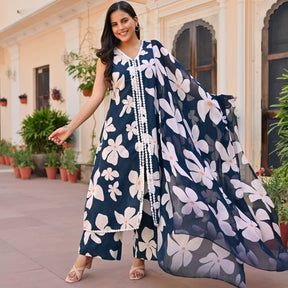 Navy Blue Printed Anarkali Set