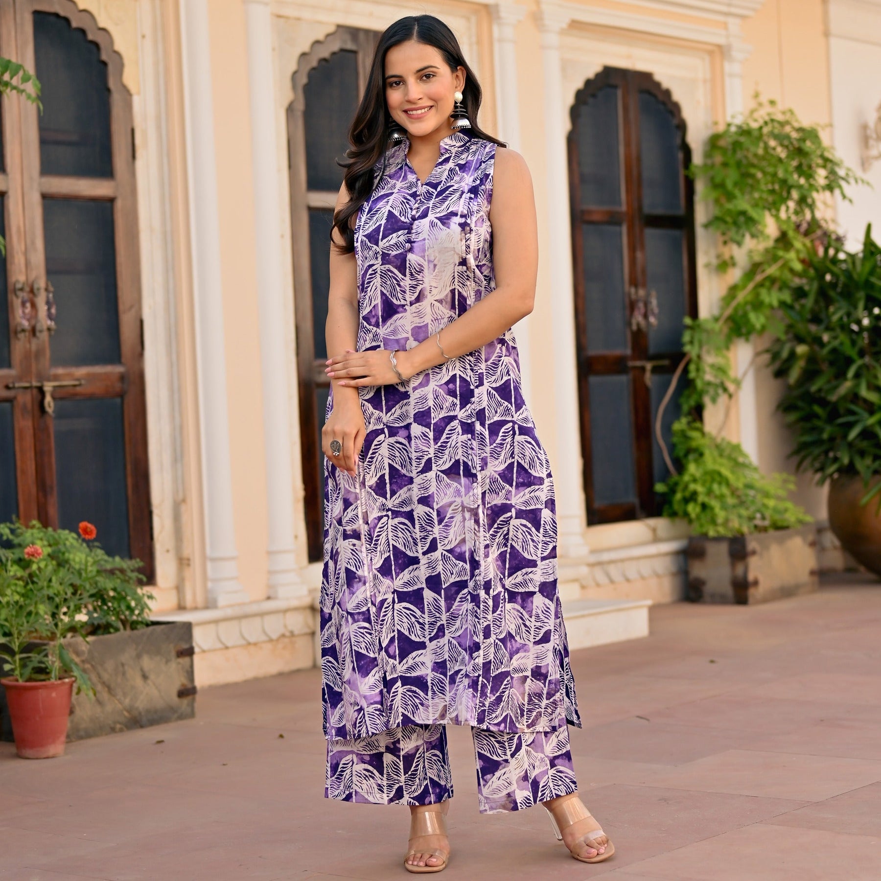 purple cotton printed kurta set