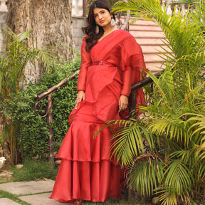 RUST RED RUFFLE SAREE