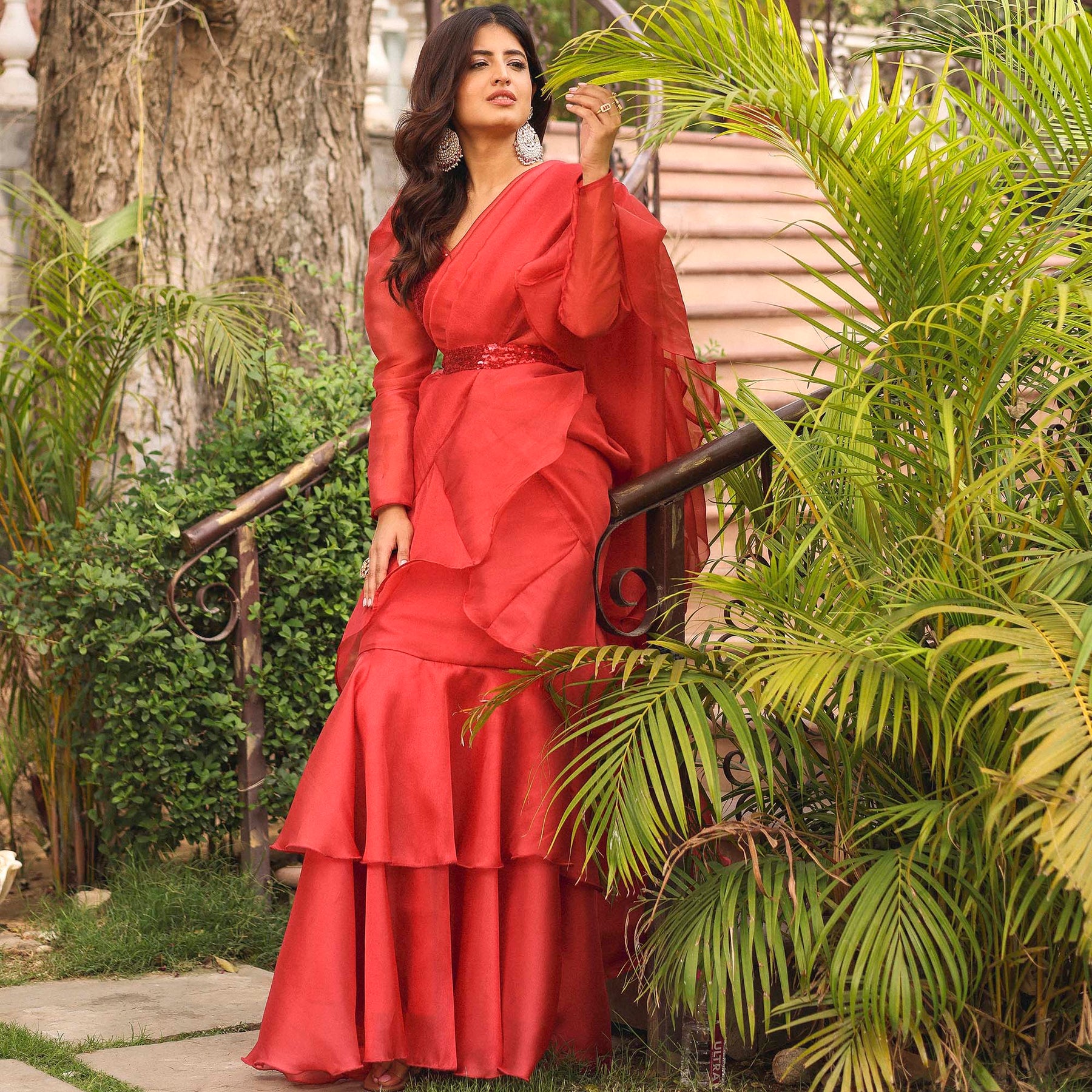 RUST RED RUFFLE SAREE