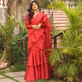 RUST RED RUFFLE SAREE