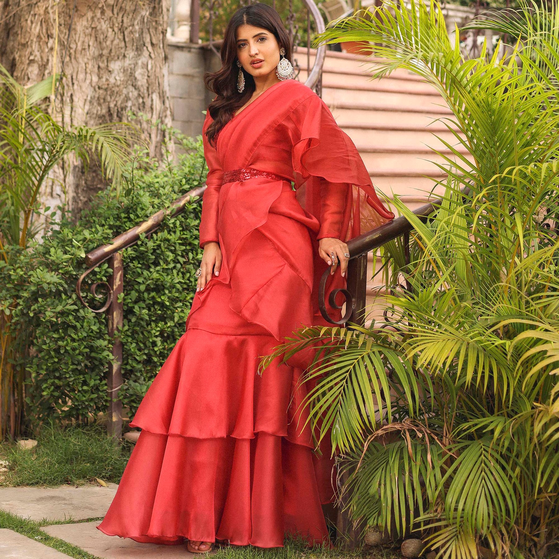 RUST RED RUFFLE SAREE