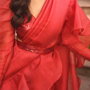 RUST RED RUFFLE SAREE