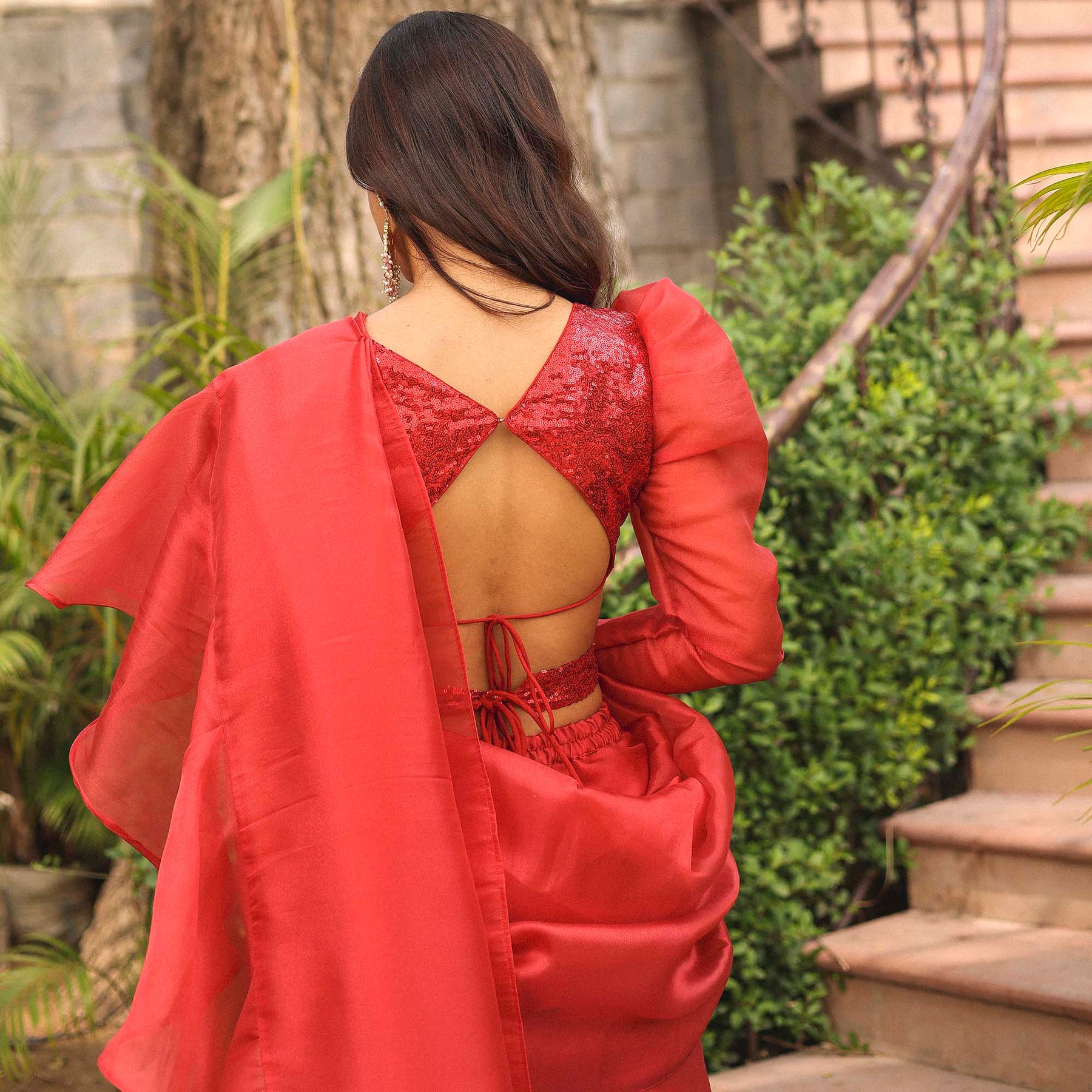 RUST RED RUFFLE SAREE