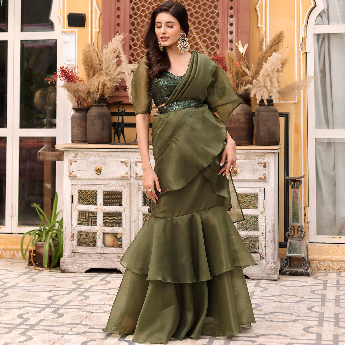 OLIVE GREEN RUFFLE SAREE