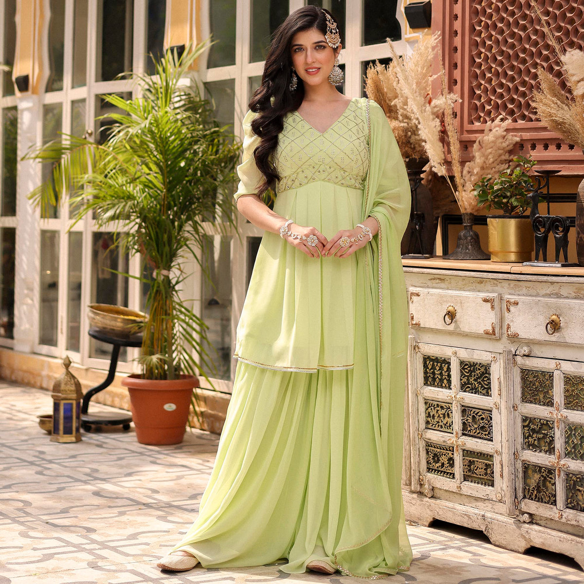 LIME GREEN PEPLUM GHARARA SET