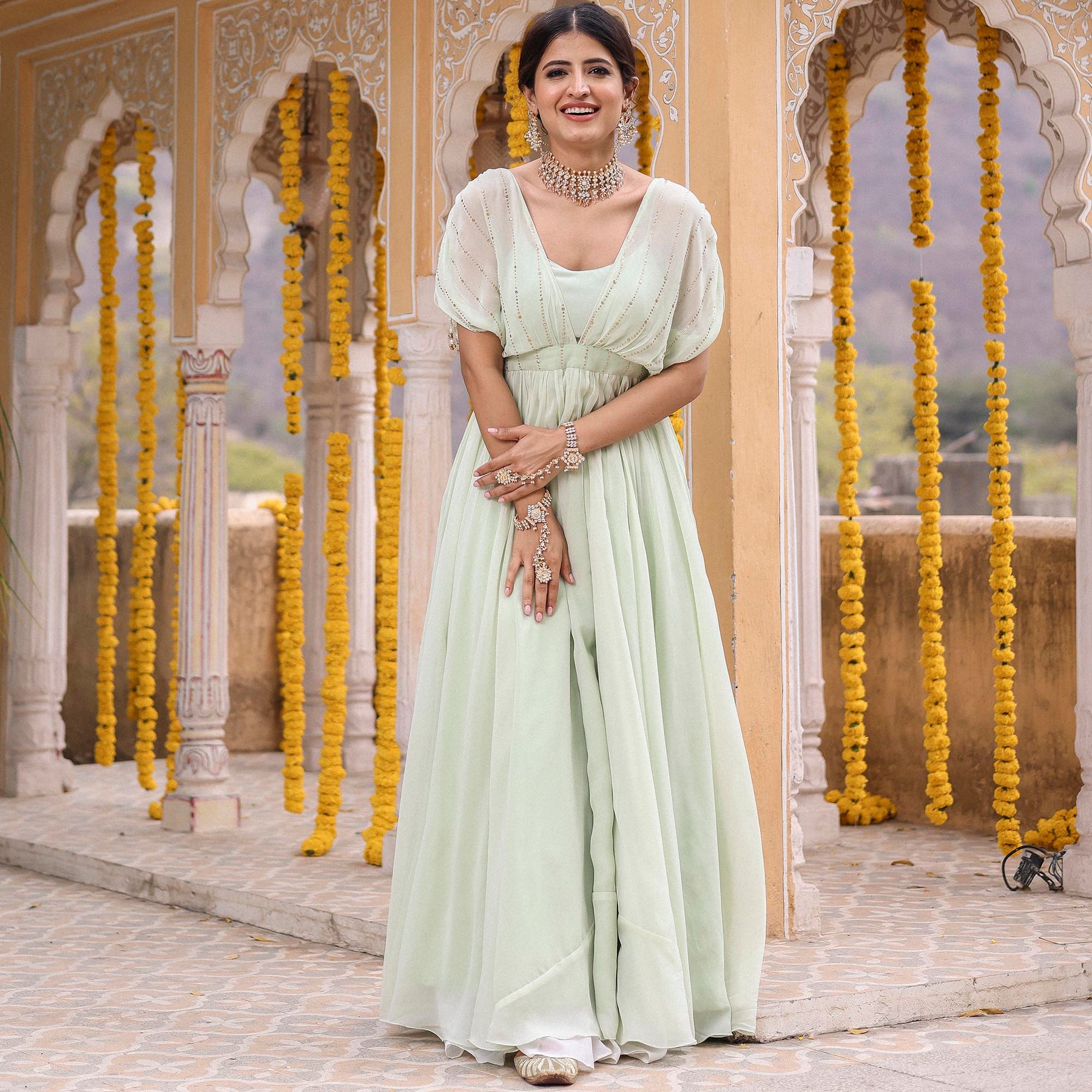 SEA GREEN MUKAISH LONG GOWN