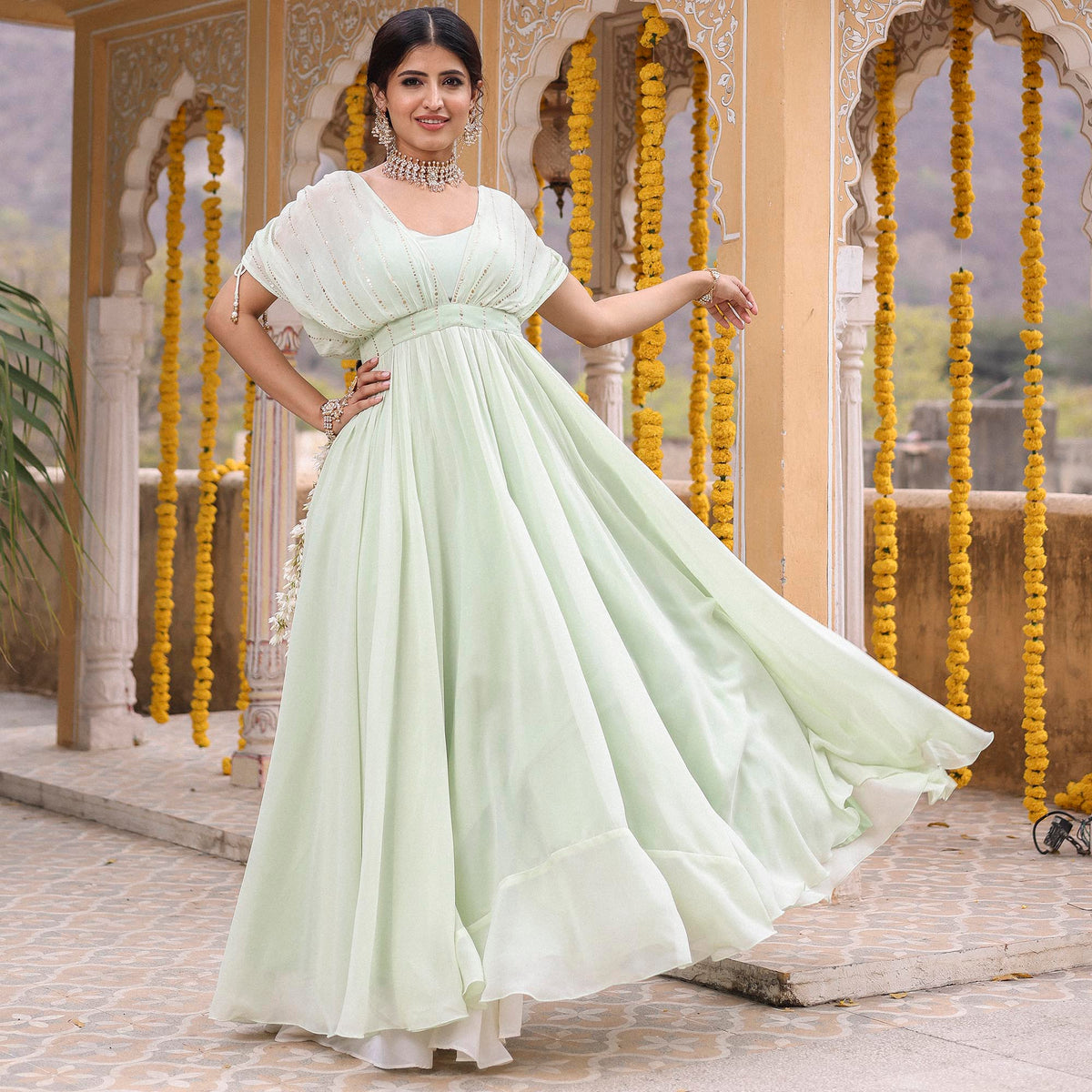 SEA GREEN MUKAISH LONG GOWN