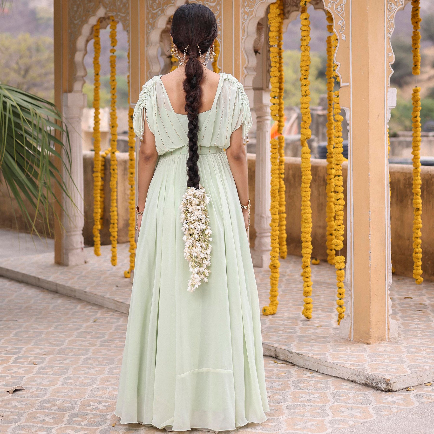 SEA GREEN MUKAISH LONG GOWN