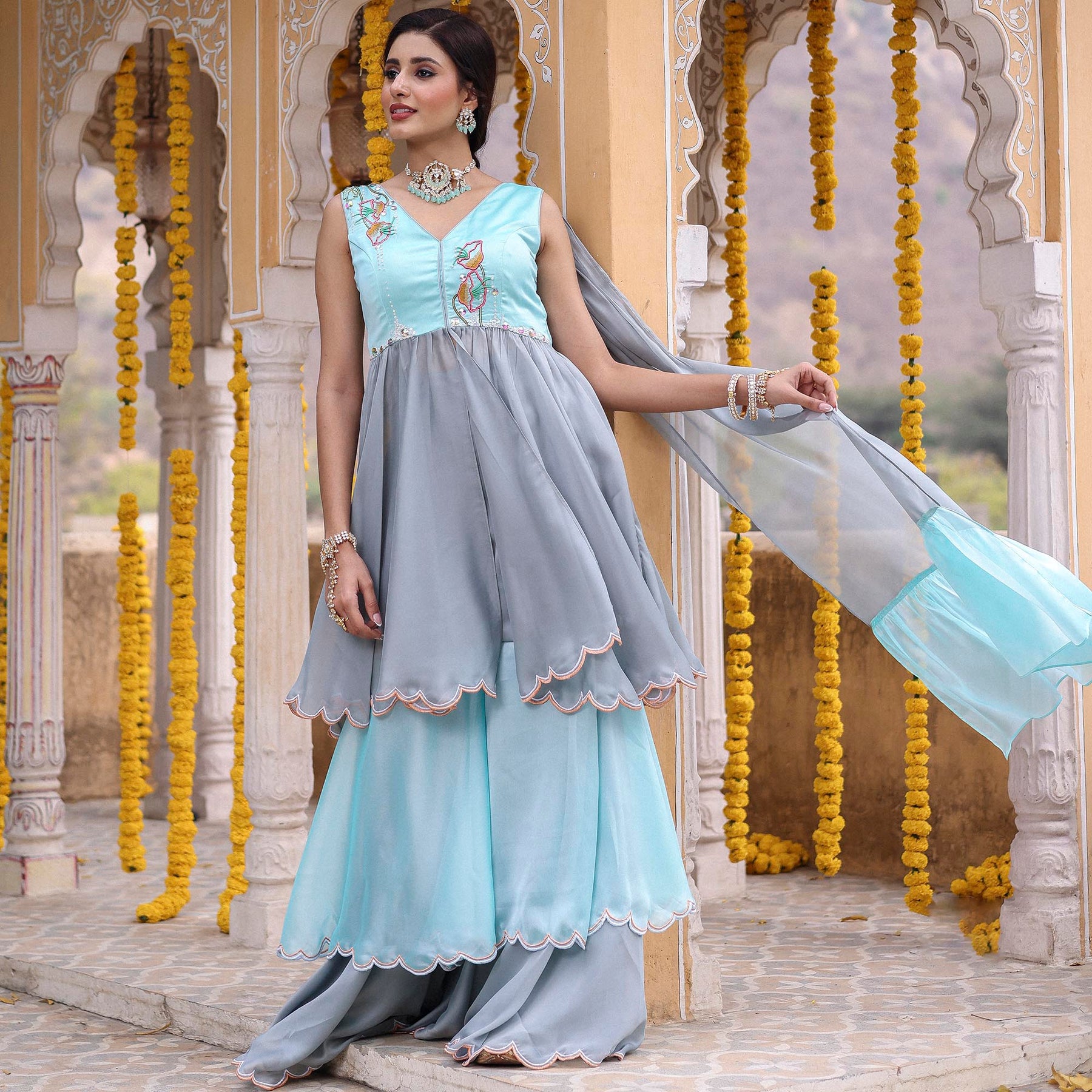 BLUE GREY GHARARA SET