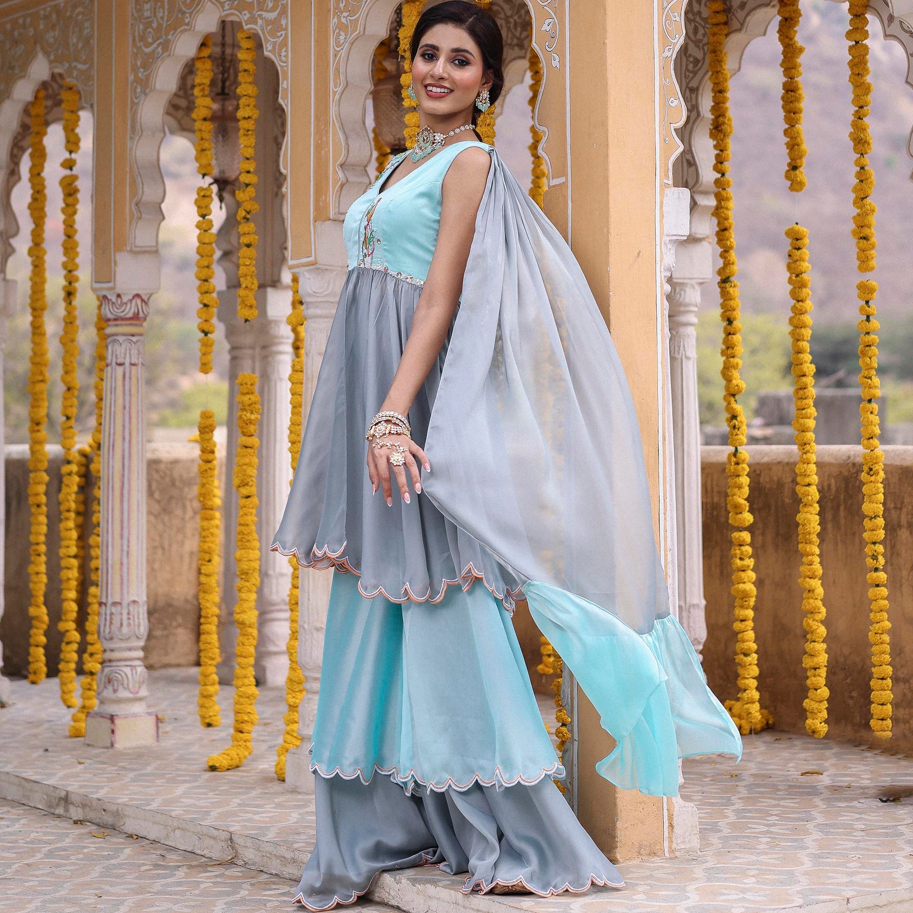 BLUE GREY GHARARA SET