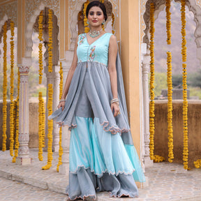 BLUE GREY GHARARA SET