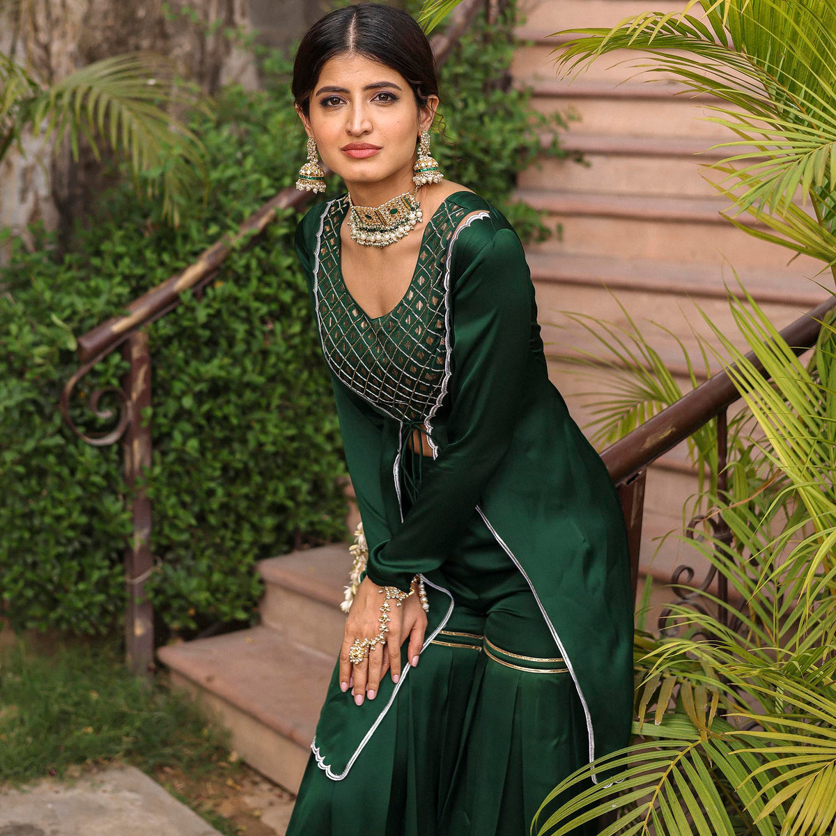 BOTTLE GREEN SHARARA SET