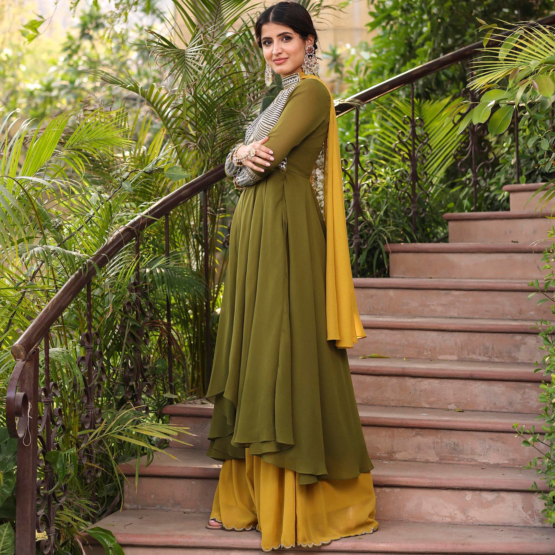 OLIVE GREEN ANARKALI PALAZZO SET