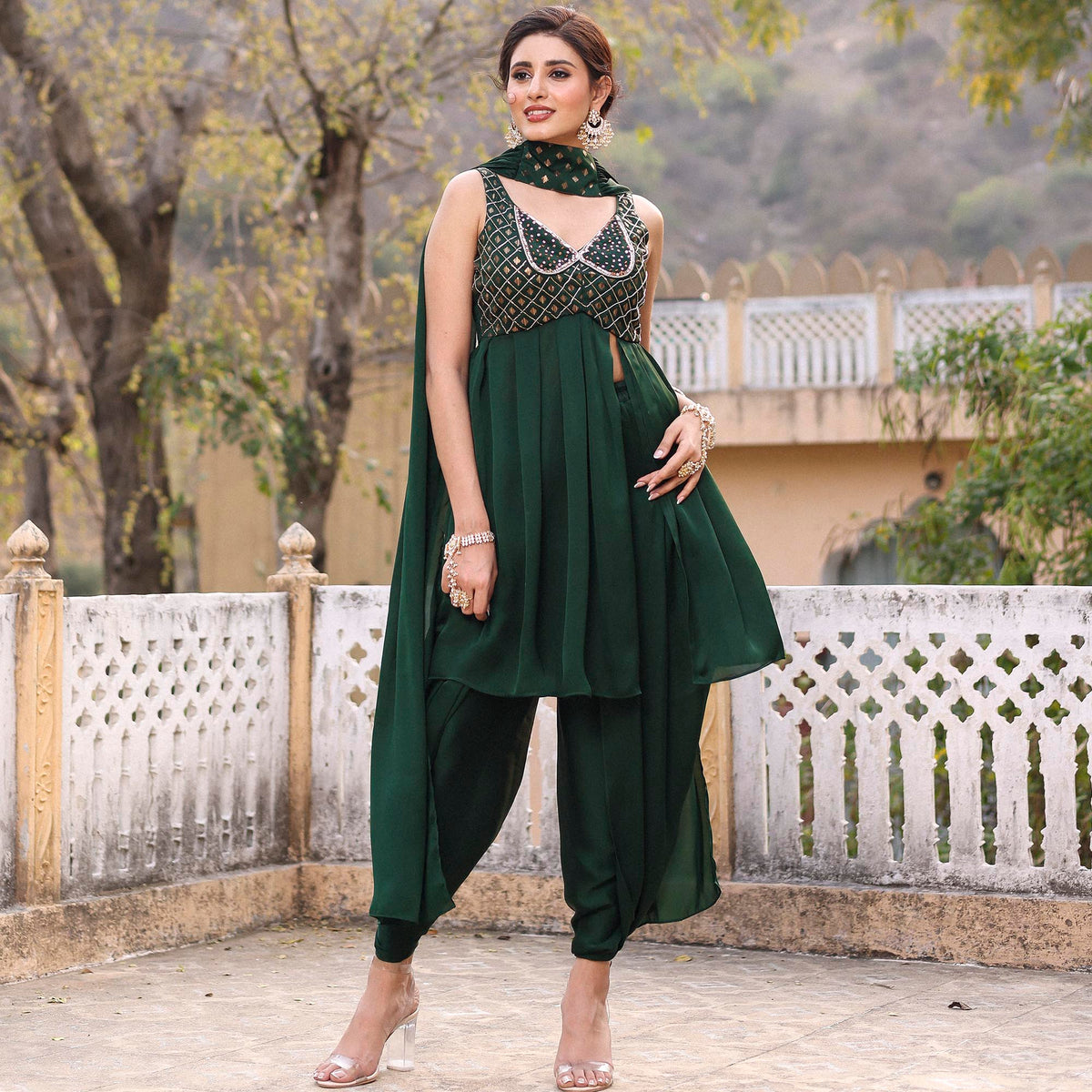 BOTTLE GREEN PEPLUM DHOTI SET